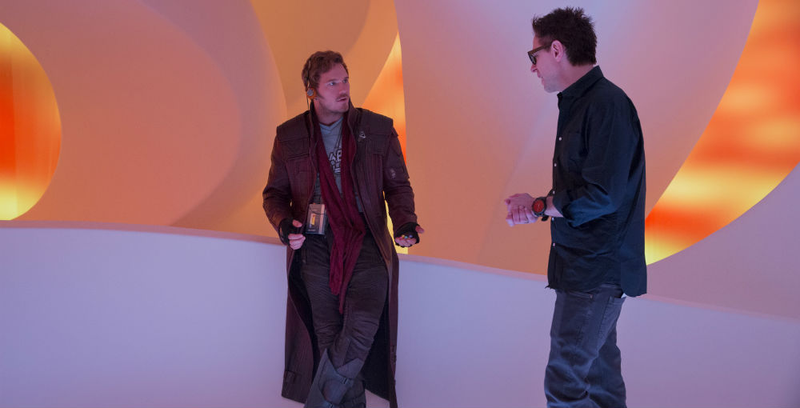 Writer/director James Gunn talks to Pratt in Ego’s ship on the set of Vol. 2.